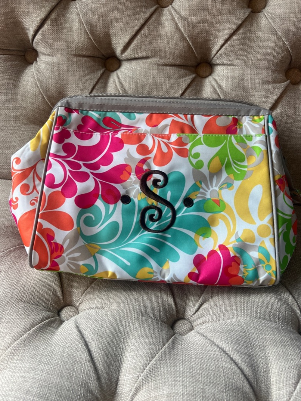 Thirty-One Monogrammed Multi-Color Floral Cosmetic Bag - S Initial